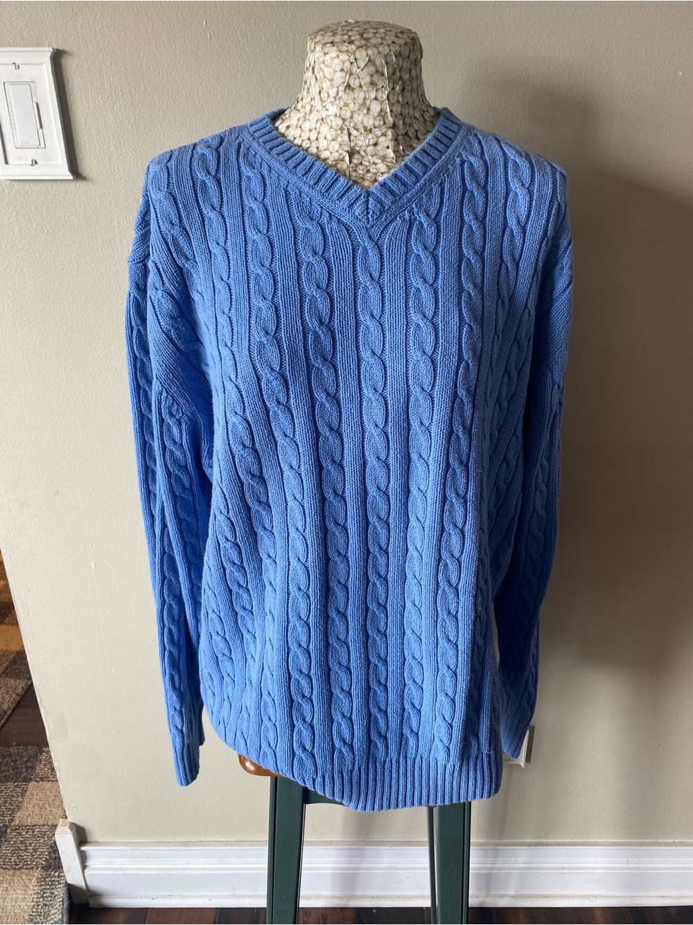 Vintage 90s men's Light Blue Cable Knit V-Neck Sweater
